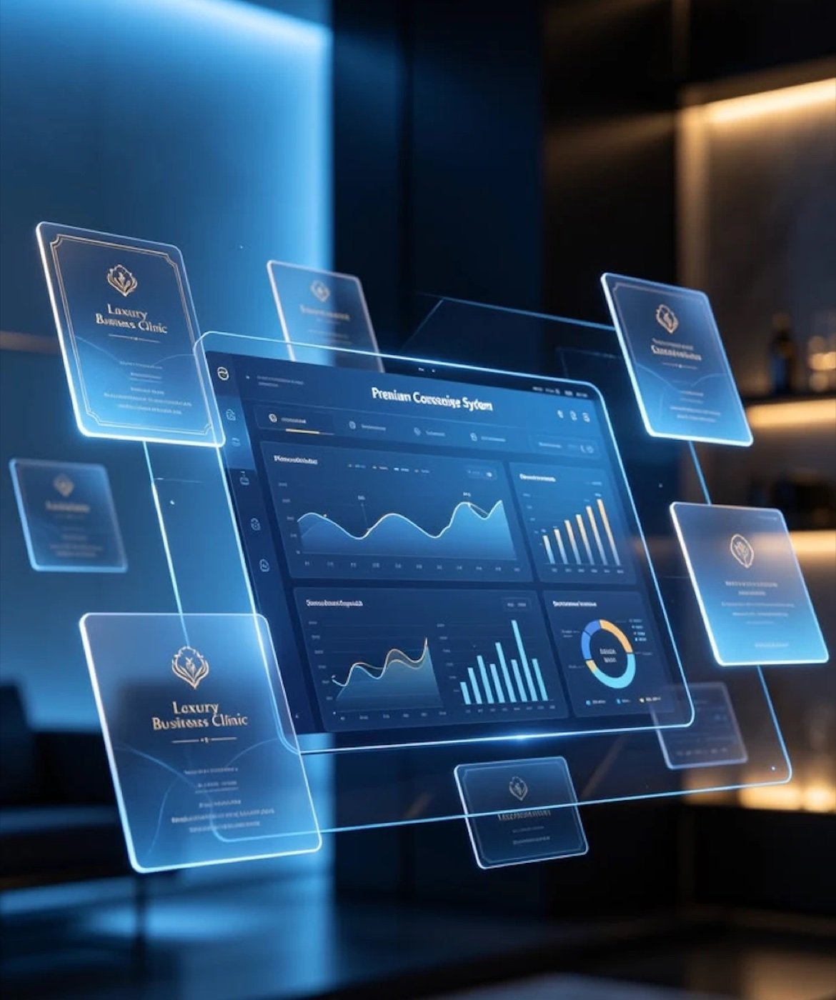 Futuristic analytics dashboard with glowing data panels